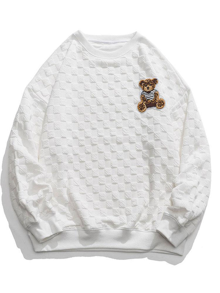Gerard | Sweater met geborduurde beer en schaakbordjacquard en relaxte pasvorm