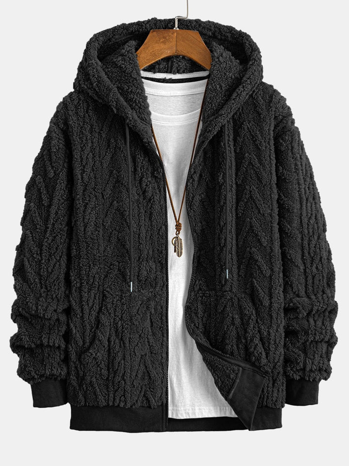 Klaas | Teddyhoodie met geometrisch jacquarddessin en ritssluiting