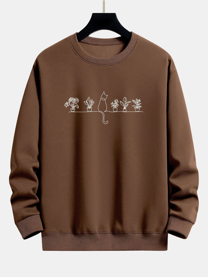 Folkert | Sweater met kat- en plantenprint en relaxte pasvorm