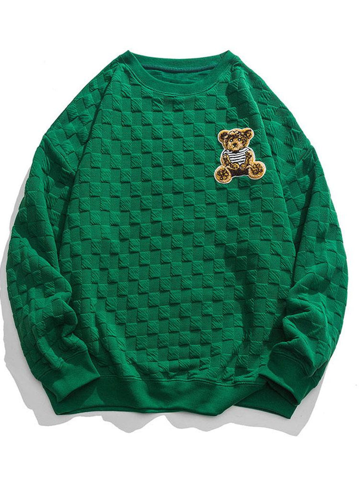 Gerard | Sweater met geborduurde beer en schaakbordjacquard en relaxte pasvorm