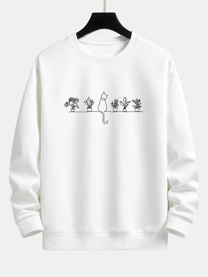 Folkert | Sweater met kat- en plantenprint en relaxte pasvorm