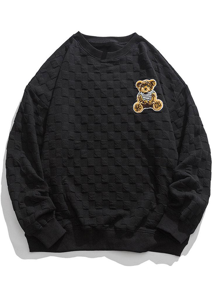 Gerard | Sweater met geborduurde beer en schaakbordjacquard en relaxte pasvorm