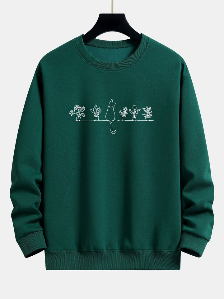 Folkert | Sweater met kat- en plantenprint en relaxte pasvorm