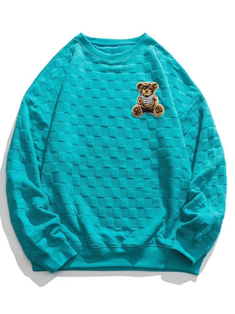 Gerard | Sweater met geborduurde beer en schaakbordjacquard en relaxte pasvorm
