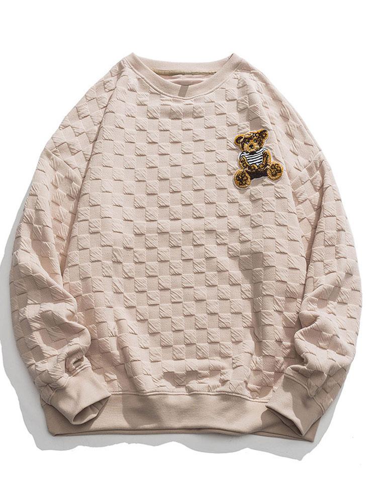 Gerard | Sweater met geborduurde beer en schaakbordjacquard en relaxte pasvorm