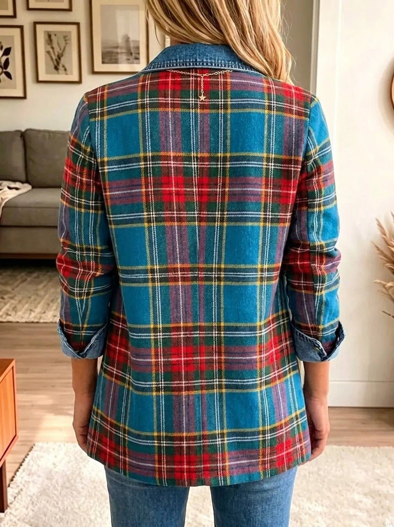 Marieke | Denim blazer met tartan-patchwork