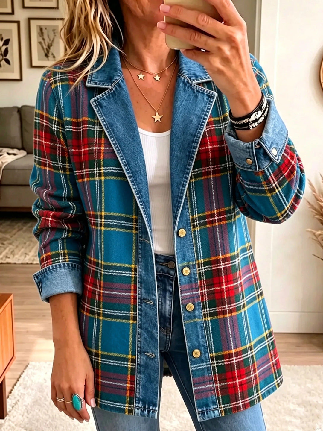 Marieke | Denim blazer met tartan-patchwork
