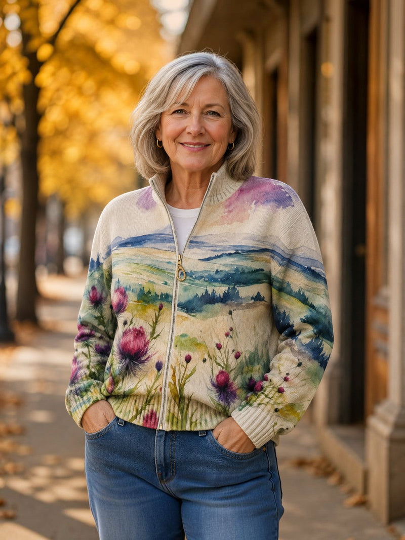 Ineke | Vest met distel- en landschapsmotief