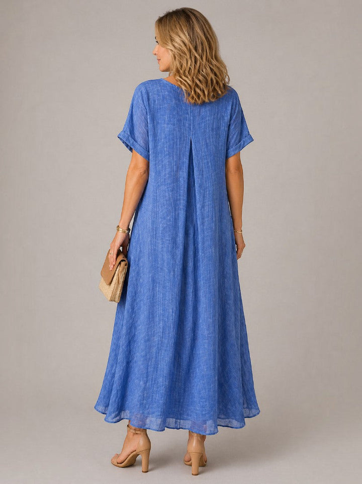 Yolanda | Linnenlook Maxi-jurk in Diepblauw