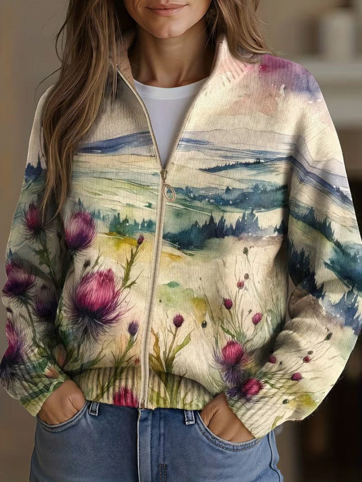 Ineke | Vest met distel- en landschapsmotief