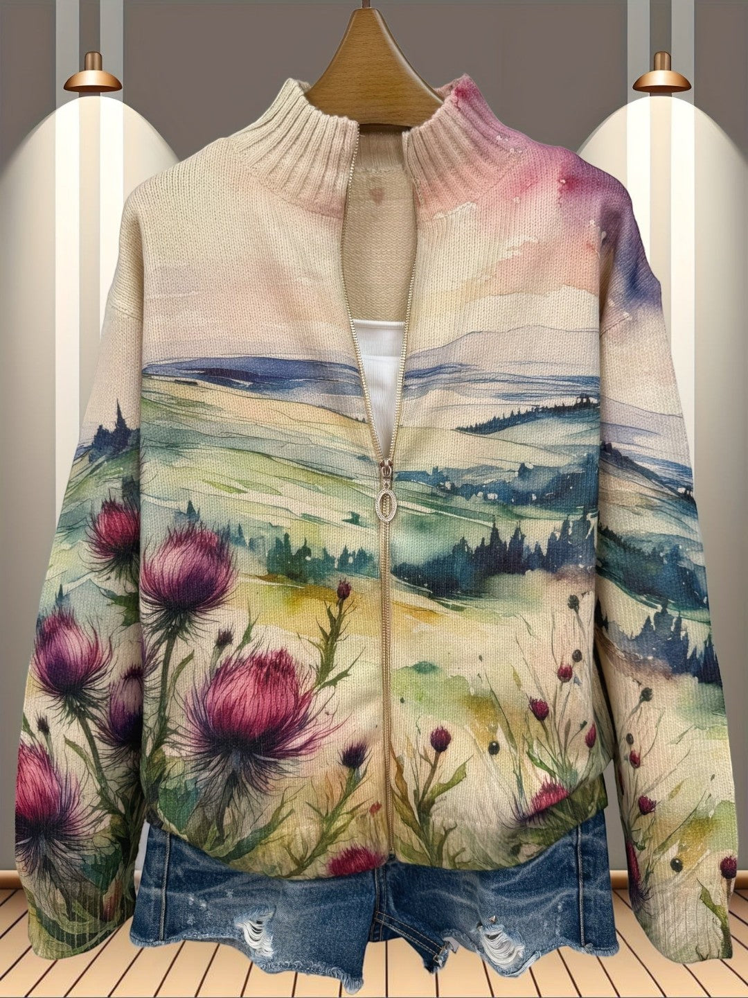 Ineke | Vest met distel- en landschapsmotief