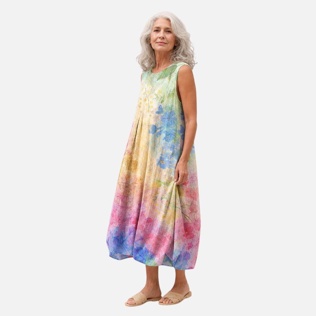 Fleur | Mouwloze midi-jurk met regenboog-aquarelprint