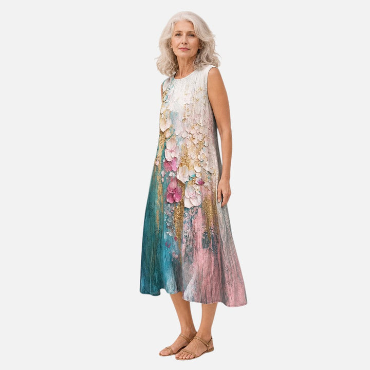 Yvonne | Mouwloze midi-jurk met geschilderde bloemen