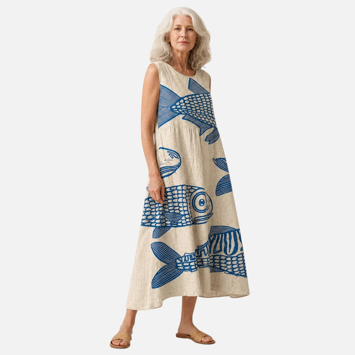 Floor | Mouwloze midi-jurk met blauwe vissen