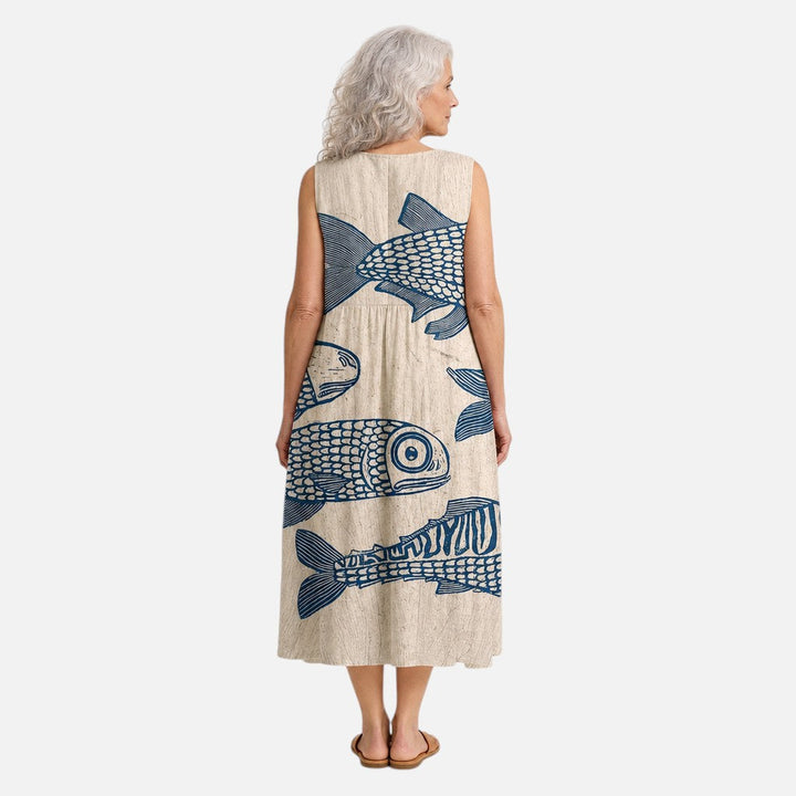 Floor | Mouwloze midi-jurk met blauwe vissen