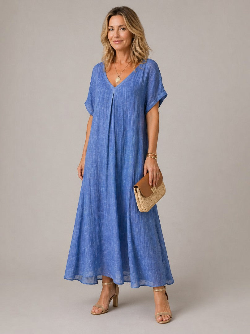 Yolanda | Linnenlook Maxi-jurk in Diepblauw