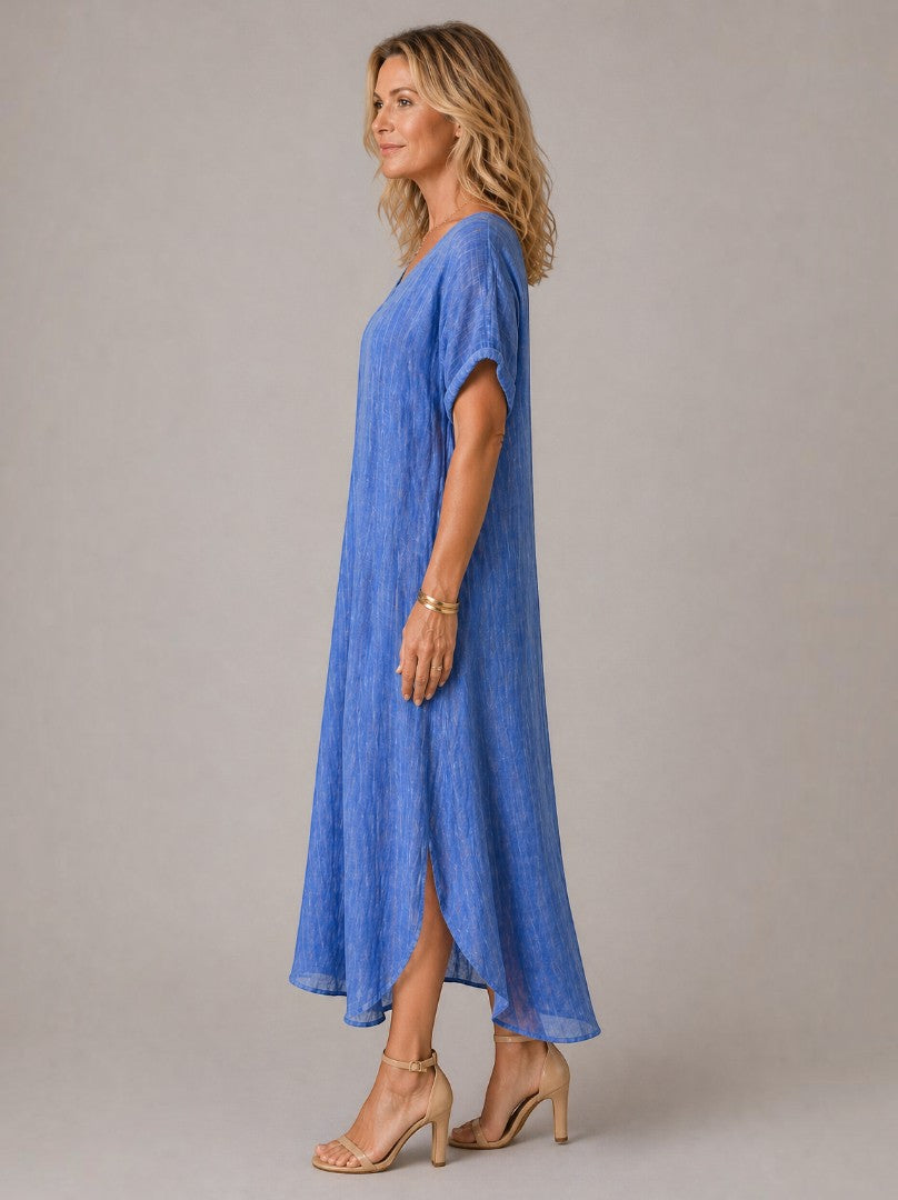 Yolanda | Linnenlook Maxi-jurk in Diepblauw