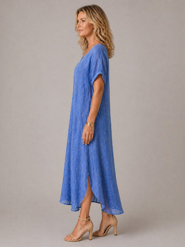 Yolanda | Linnenlook Maxi-jurk in Diepblauw