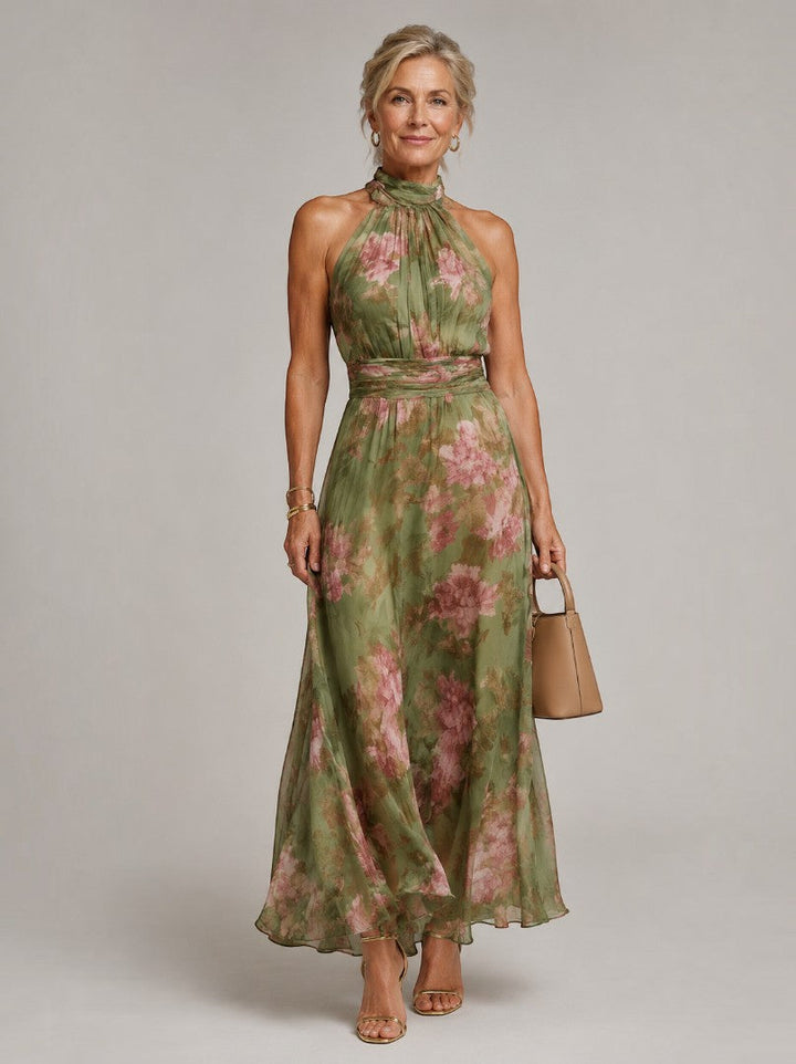 Hermien | Maxi-jurk met Rozenprint op Olijfgroen