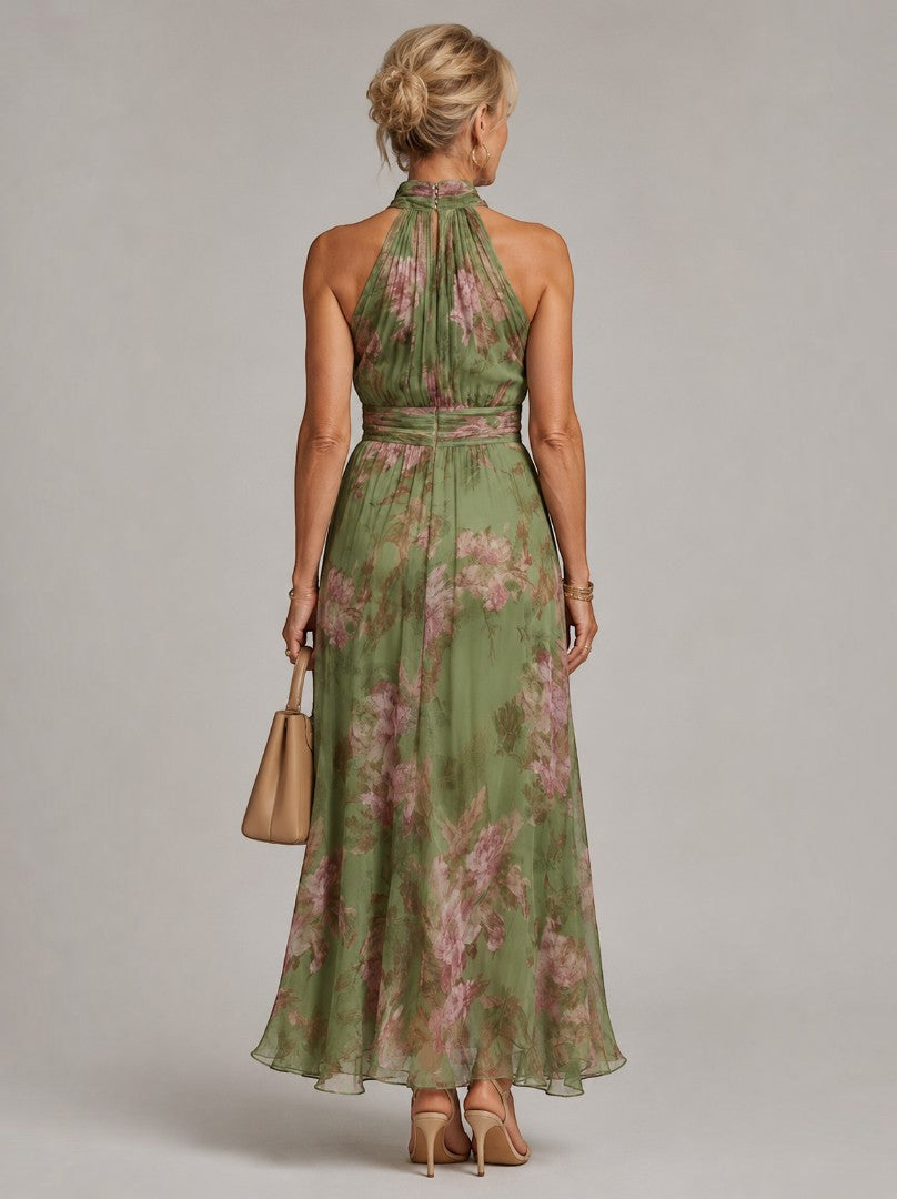 Hermien | Maxi-jurk met Rozenprint op Olijfgroen