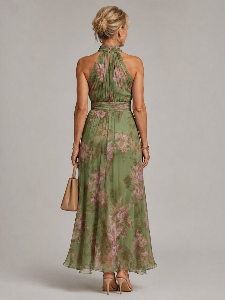 Hermien | Maxi-jurk met Rozenprint op Olijfgroen