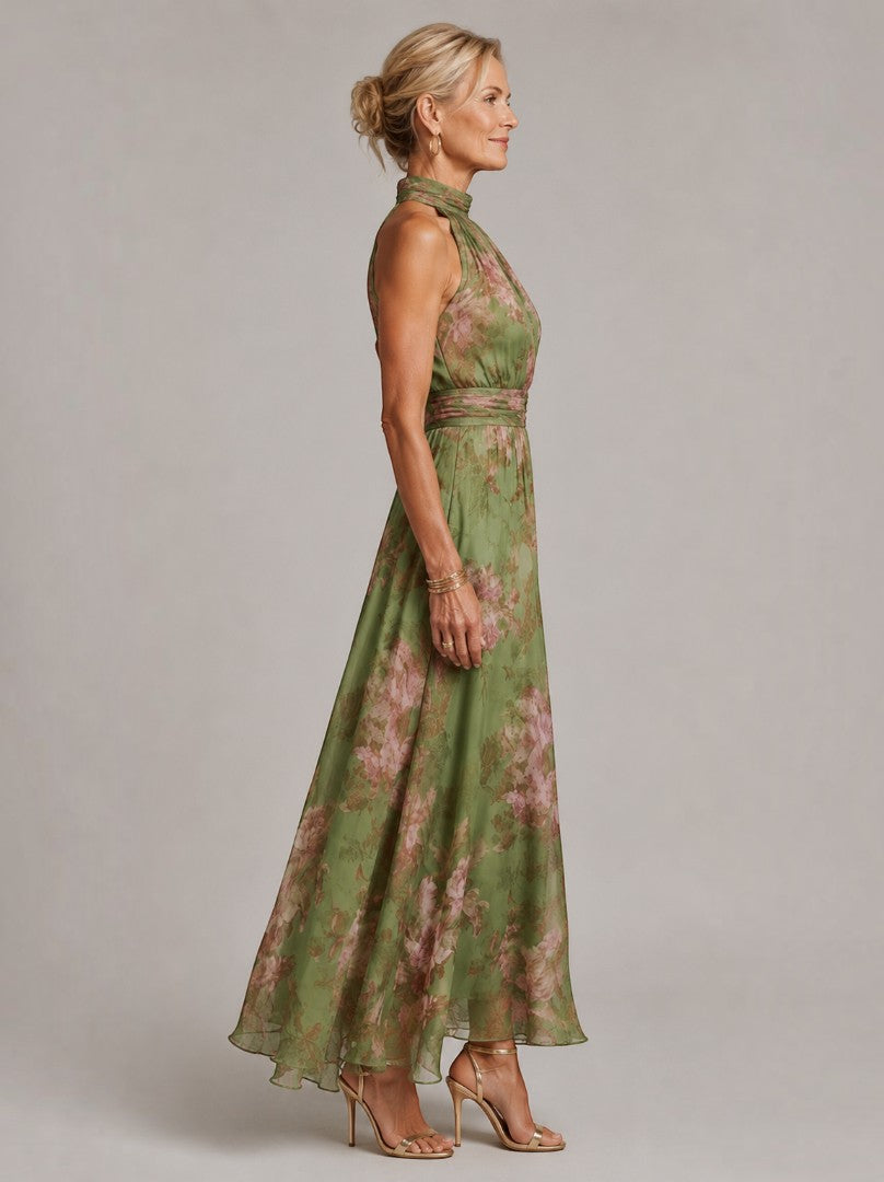 Hermien | Maxi-jurk met Rozenprint op Olijfgroen