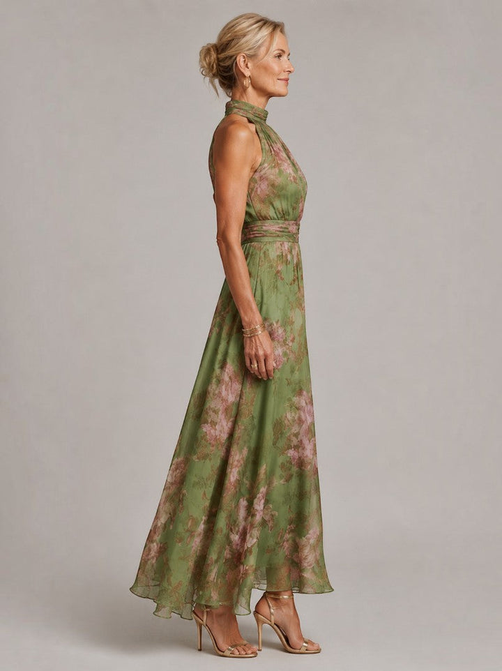 Hermien | Maxi-jurk met Rozenprint op Olijfgroen