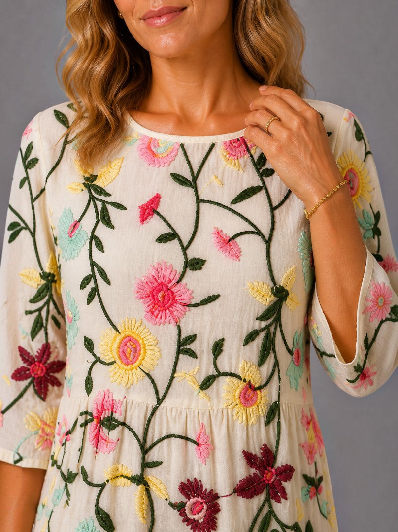 Antoinette | Midi-jurk met Bloemenborduursel