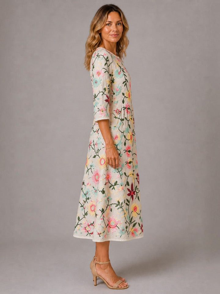 Antoinette | Midi-jurk met Bloemenborduursel