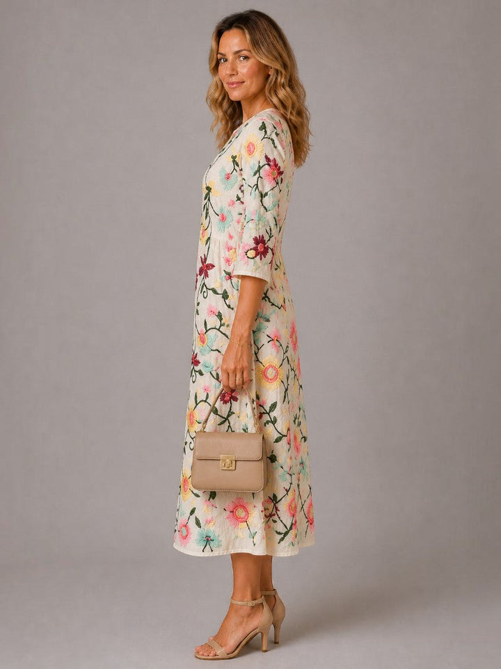 Antoinette | Midi-jurk met Bloemenborduursel