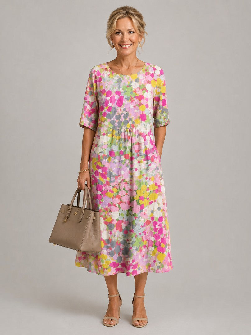 Anneloes | Midi-jurk met Geschilderde Aquarelbloemen