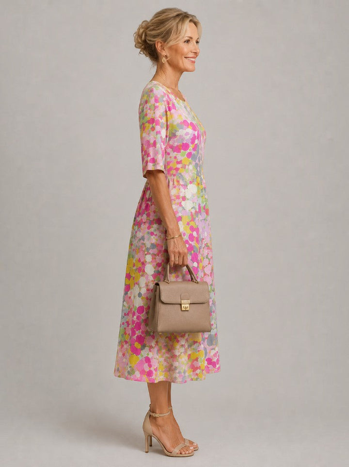 Anneloes | Midi-jurk met Geschilderde Aquarelbloemen