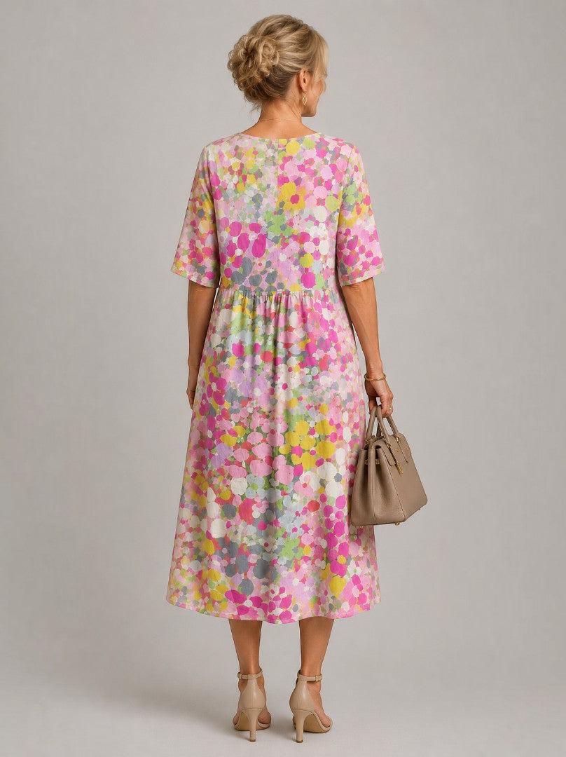 Anneloes | Midi-jurk met Geschilderde Aquarelbloemen