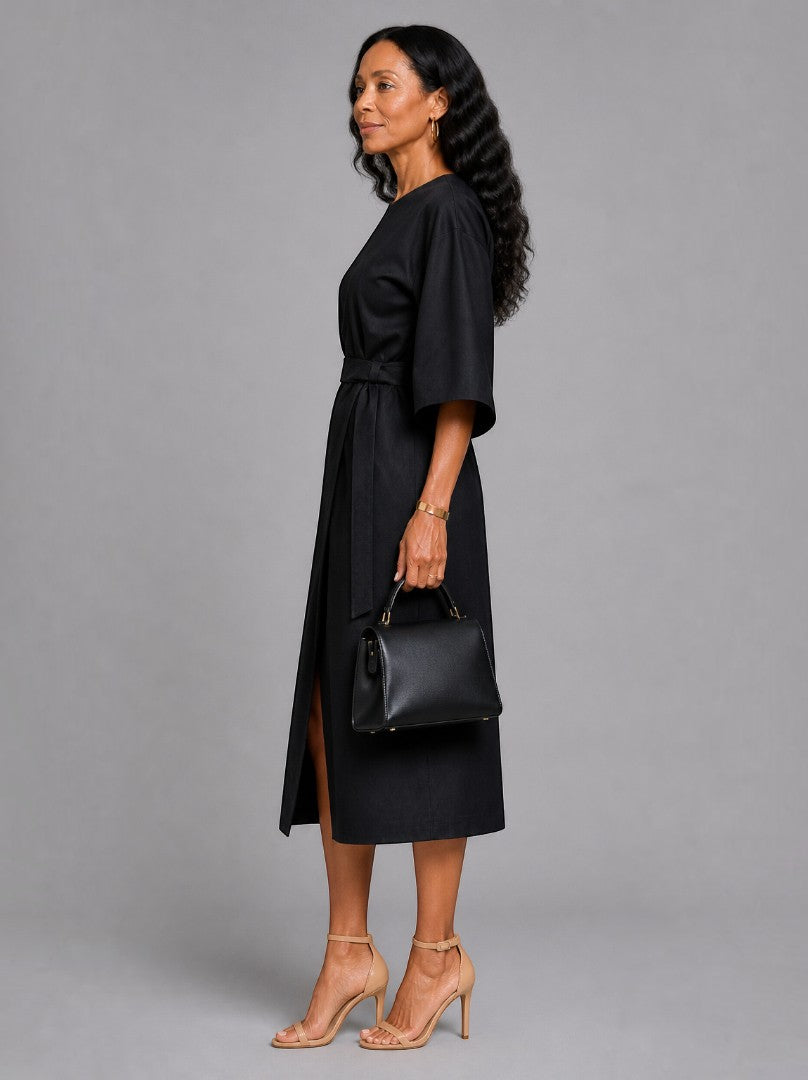 Lianne | Zwarte Midi-jurk met Bindceintuur
