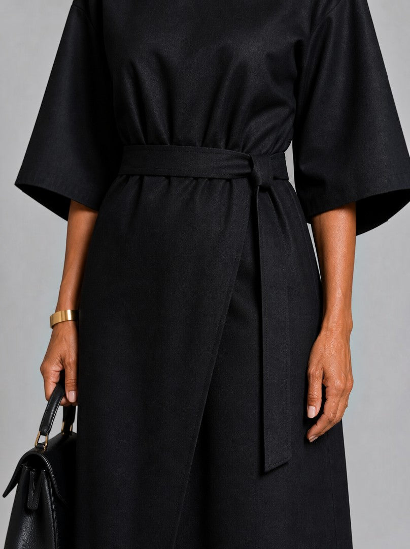 Lianne | Zwarte Midi-jurk met Bindceintuur