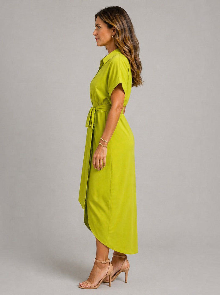 Mieke | Midi-jurk in Limoengroen met Knoopdetail