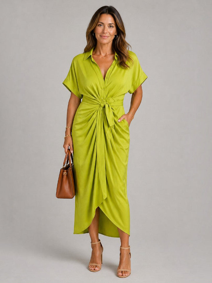Mieke | Midi-jurk in Limoengroen met Knoopdetail