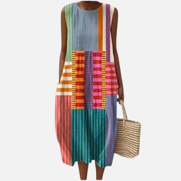 Wilma | Mouwloze midi-jurk met kleurrijk streeppatchwork