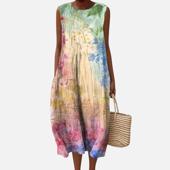 Merel | Mouwloze midi-jurk met pastel aquarelprint