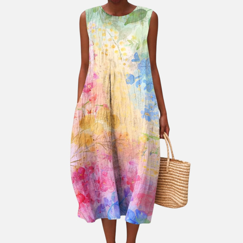 Fleur | Mouwloze midi-jurk met regenboog-aquarelprint