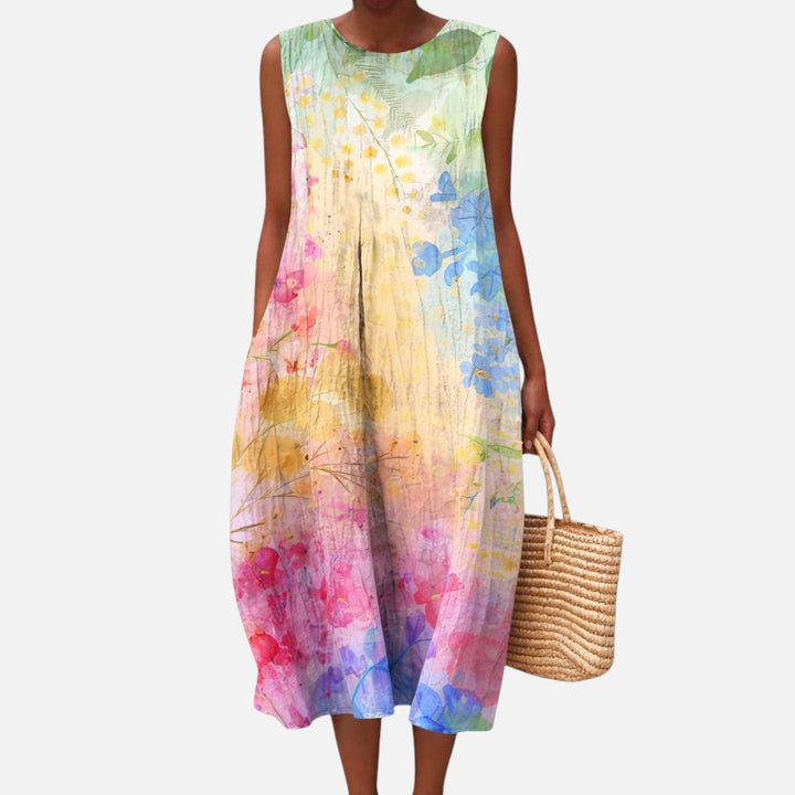 Fleur | Mouwloze midi-jurk met regenboog-aquarelprint