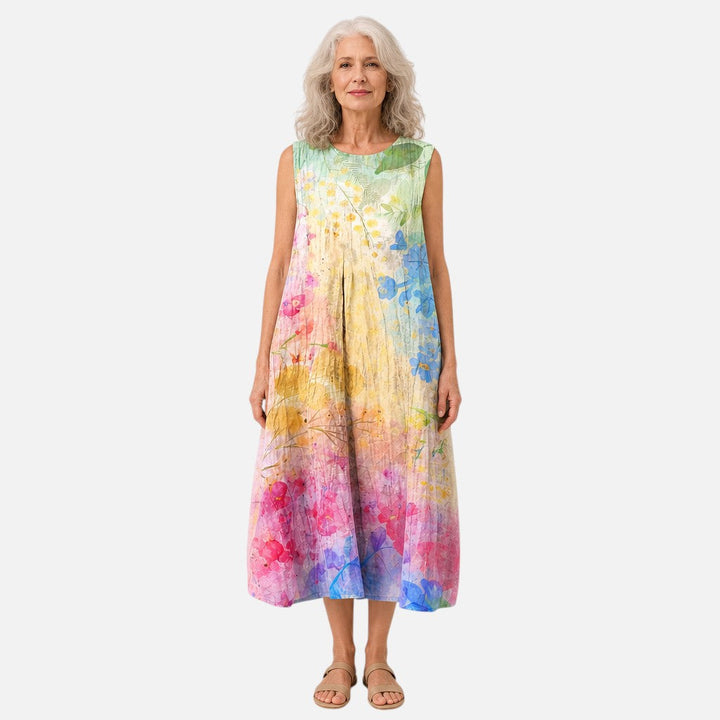 Fleur | Mouwloze midi-jurk met regenboog-aquarelprint