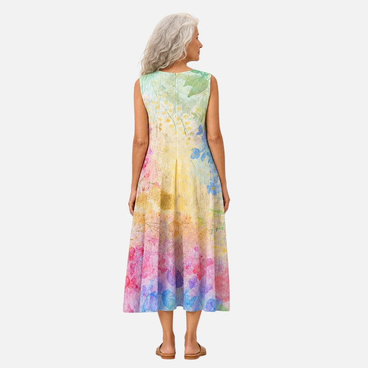 Fleur | Mouwloze midi-jurk met regenboog-aquarelprint