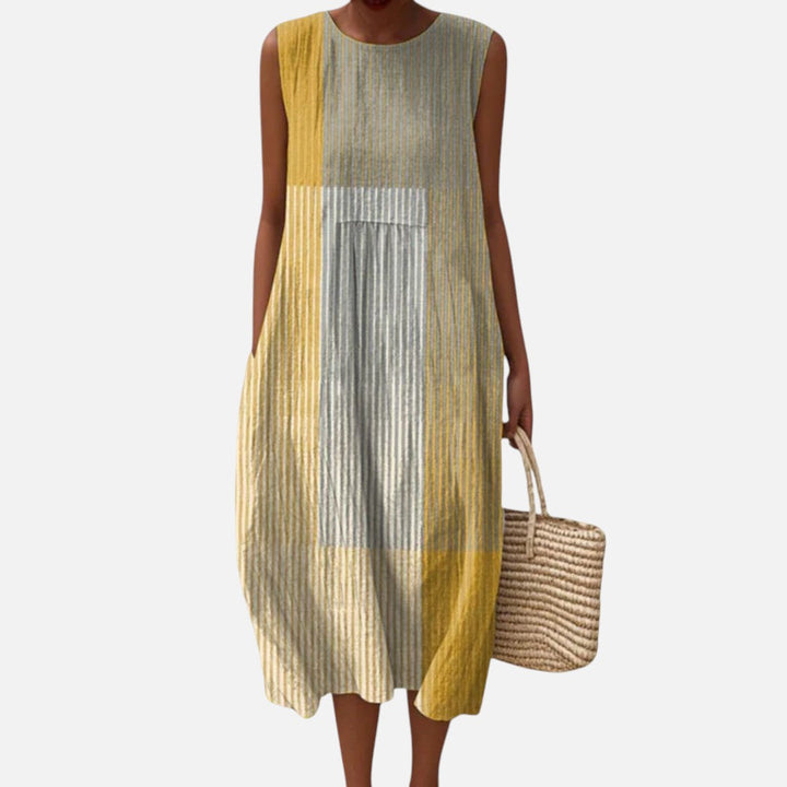 Sandra | Mouwloze midi-jurk met kleurvlakken in geel, beige en grijs