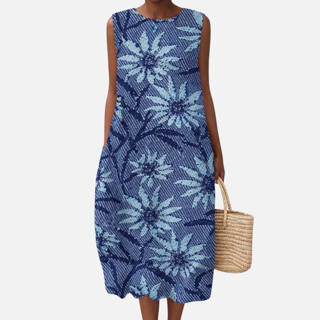 Marleen | Mouwloze midi-jurk met blauwdrukmotief