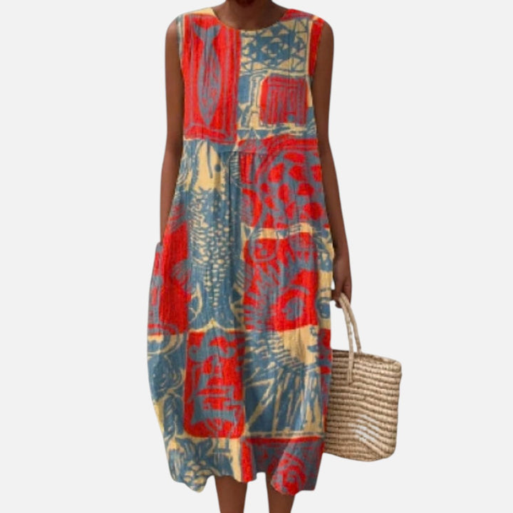 Veerle | Mouwloze midi-jurk met abstracte collageprint