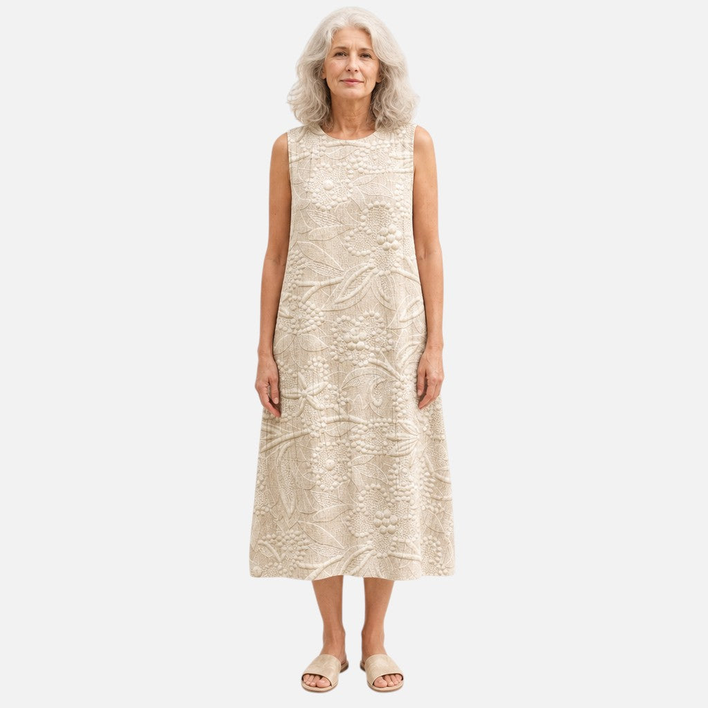 Marieke | Mouwloze midi-jurk met bladstructuur
