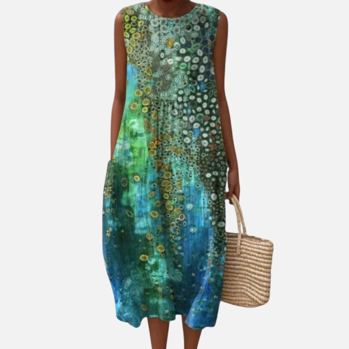Annelies | Mouwloze midi-jurk met cirkelprint in groen