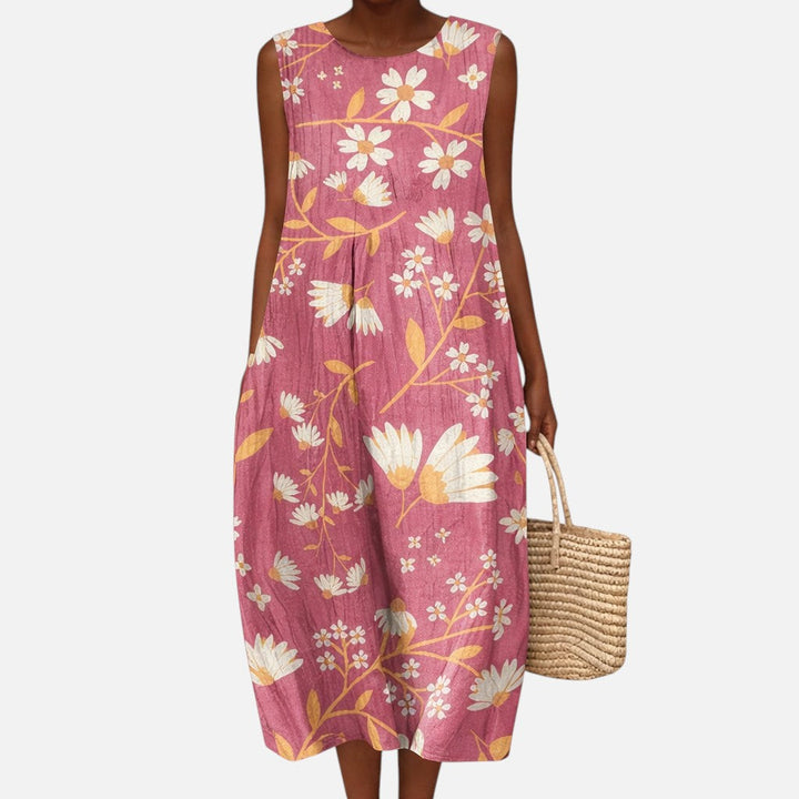 Chantal | Mouwloze midi-jurk met bloemen op oudroze