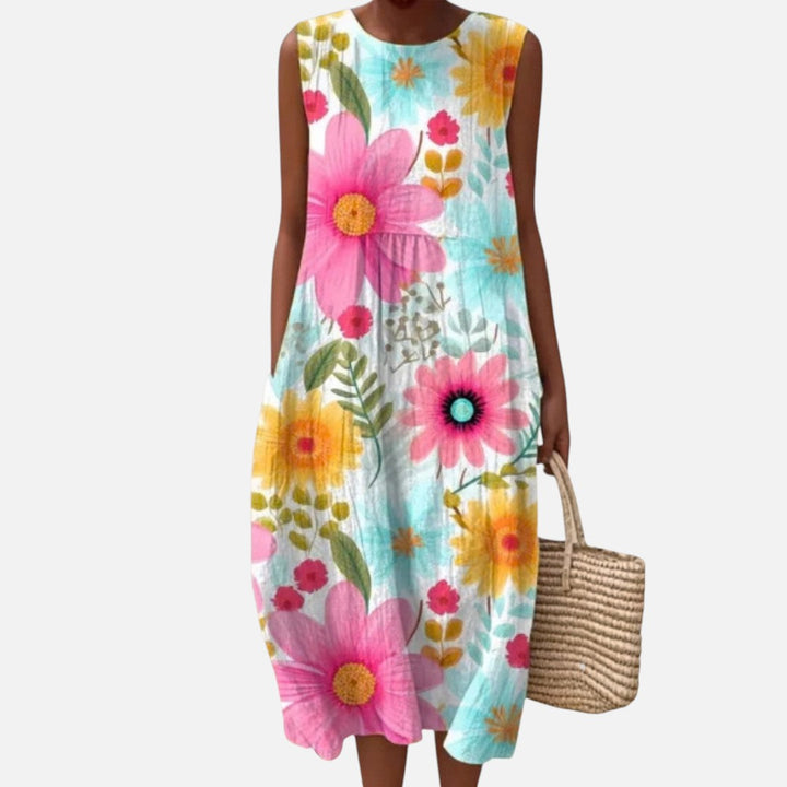 Noortje | Mouwloze midi-jurk met grote kleurrijke bloemen